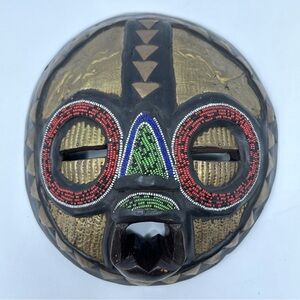 African Wooden Tribal Round Beaded Wall Art Mask Colorful Handcrafted 10 inch
